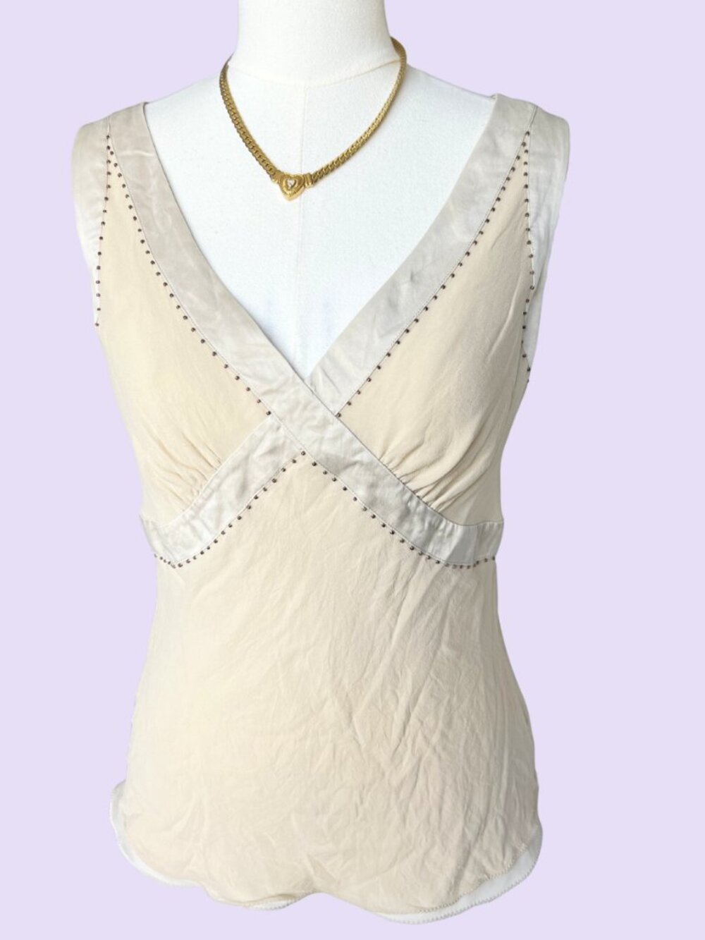 Vintage Cream Silk Beaded V-Neck Tank